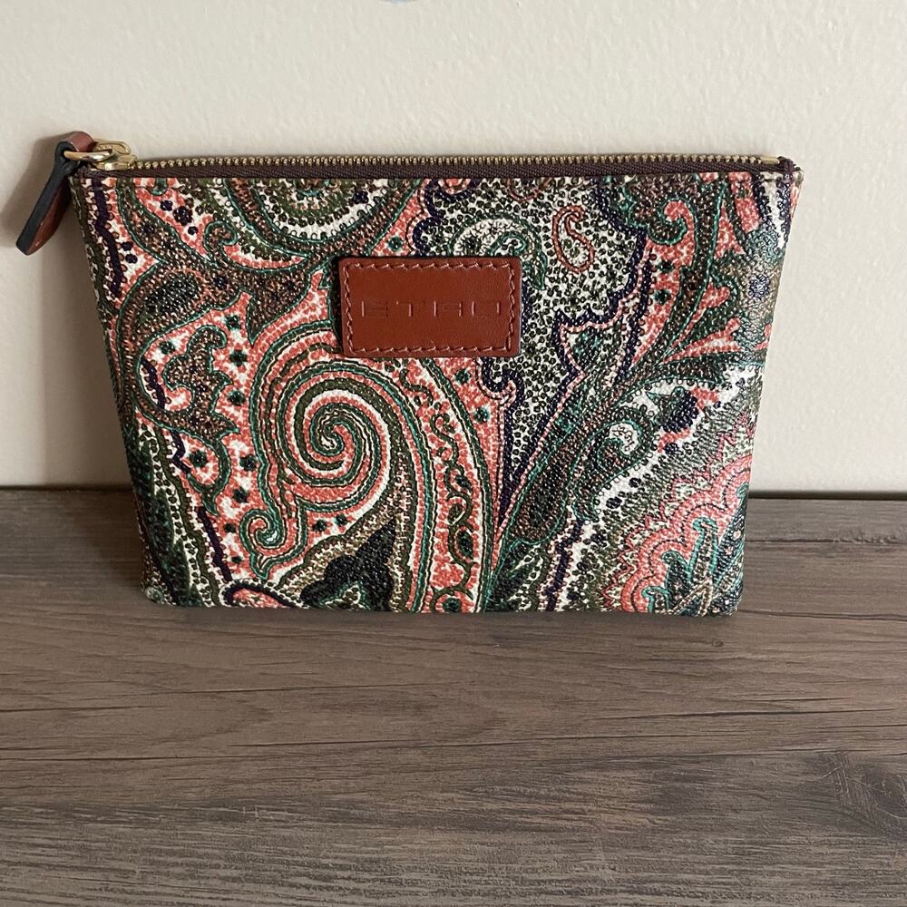 ETRO Paisley Coated Canvas Zip Pouch Clutch Multicolor Leather Trim Italy